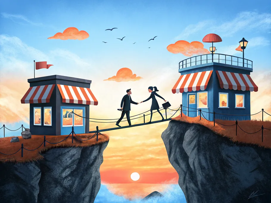 An illustration of two businesspeople, one male and one female, shaking hands on a bridge connecting two cliff-top shops against a sunset backdrop, symbolizing partnership and integration.