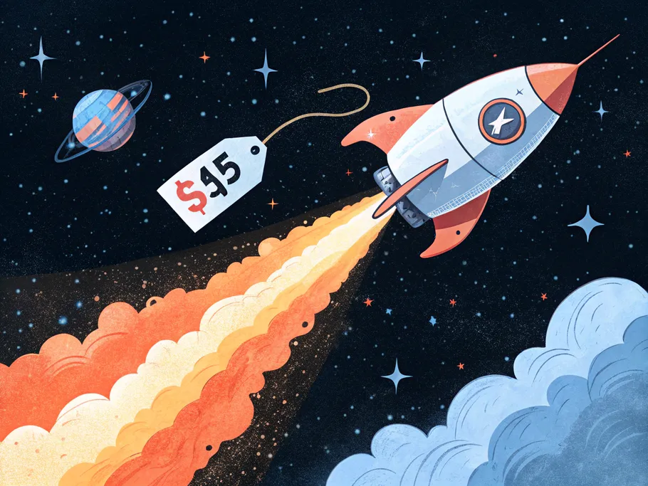 Illustration of a rocket with a price tag launching into space, representing startup costs and valuation