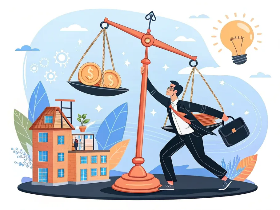 Illustration of a businessman balancing a giant scale with a house and money coins on one side and a light bulb on the other
