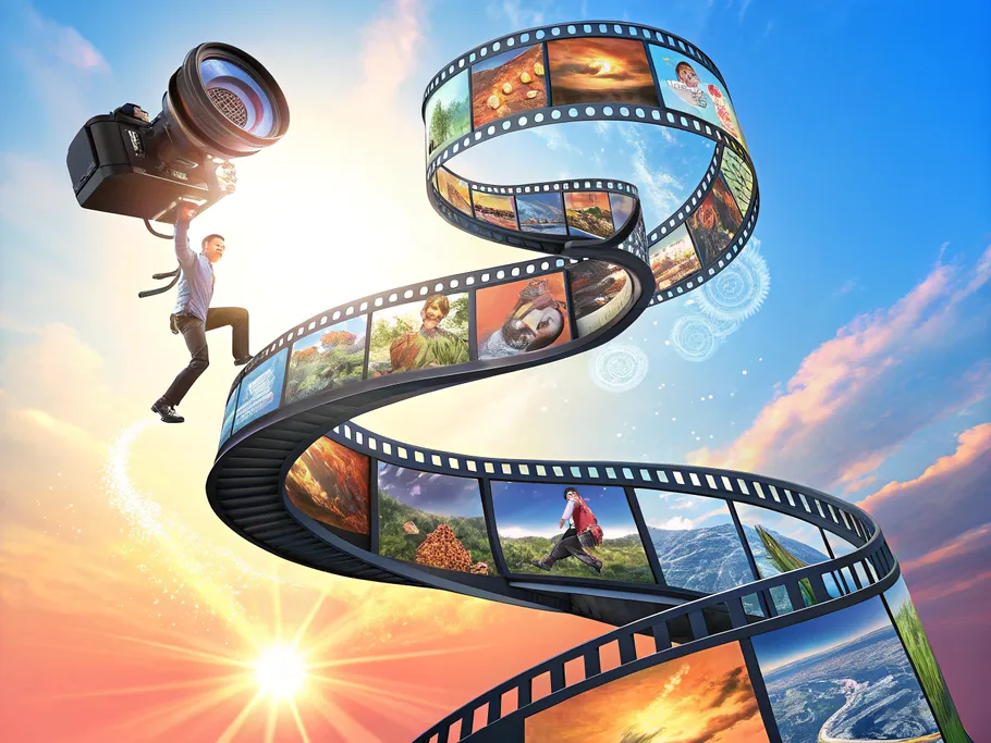 Dynamic visual representing the concept of virtual studios in e-commerce content creation, featuring a person soaring with a camera over a spiraling film strip with diverse imagery