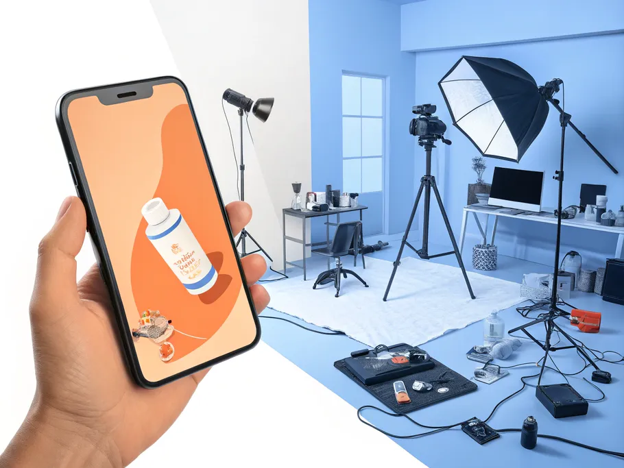 Smartphone displaying product photo in a high-tech virtual studio setup for e-commerce photography