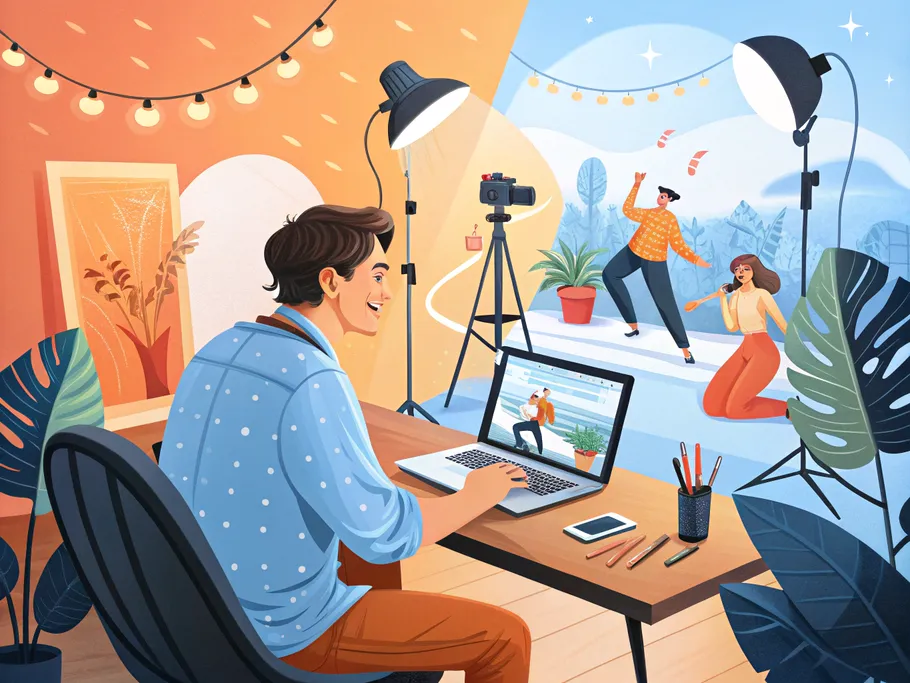 Illustration of a virtual studio setup with a photographer managing a photoshoot remotely while clients pose in a vibrant setting