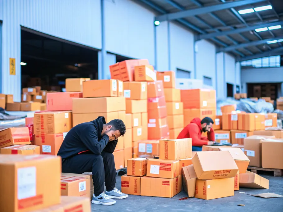 Despondent workers amidst a clutter of packages in a warehouse, illustrating challenges in ecommerce returns management