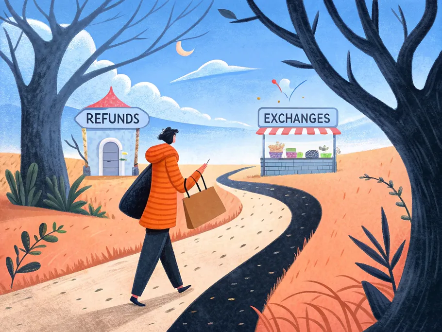 Illustration of a customer choosing between paths to a Refunds booth and an Exchanges booth in an ecommerce returns management concept