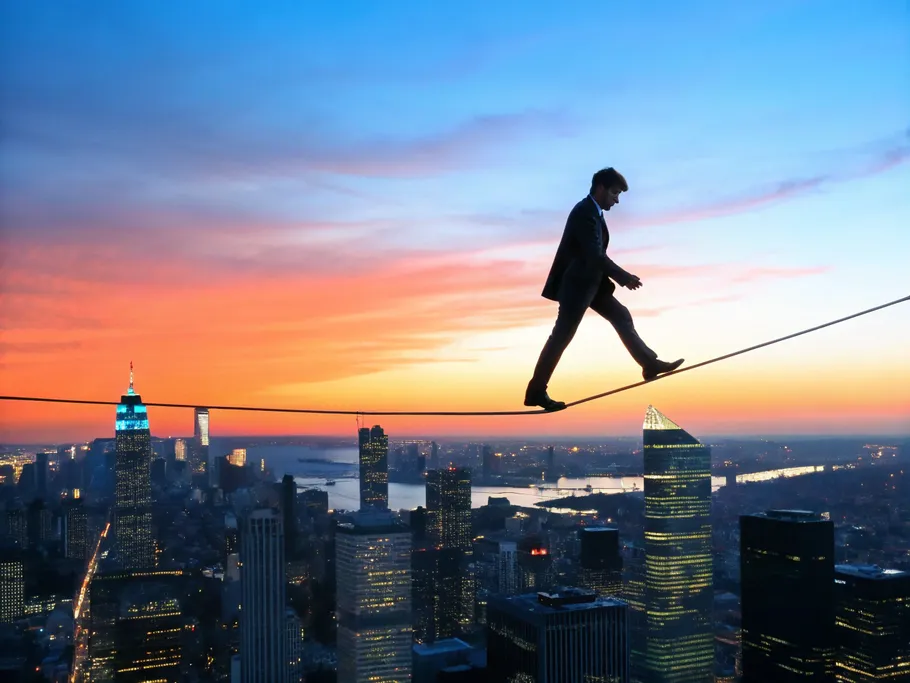 Entrepreneur balancing on a tightrope above a cityscape at sunset, symbolizing risk and decision-making in startups
