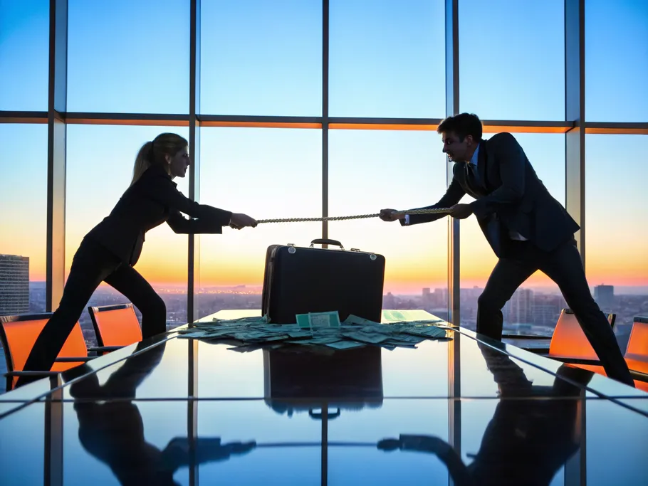 Two business partners in a tug-of-war over a briefcase full of money in a high-rise office