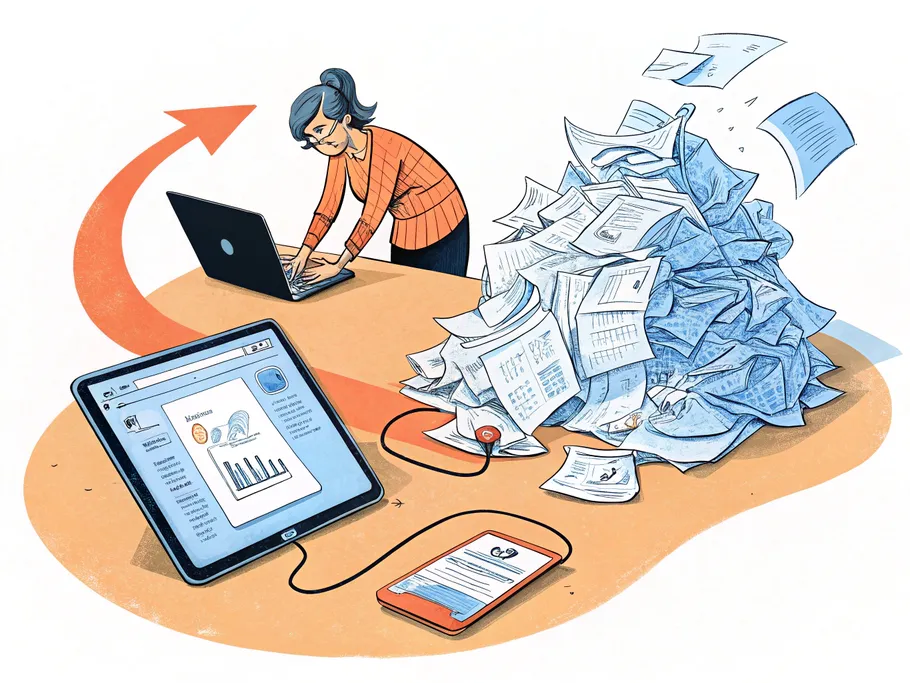 Illustration of a woman managing digital and paper-based health care processes, symbolizing innovative transition to digital health solutions.