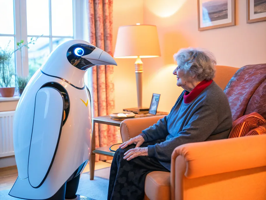 Elderly woman interacting with a futuristic robotic caregiver in a living room, representing innovations in elder care technology
