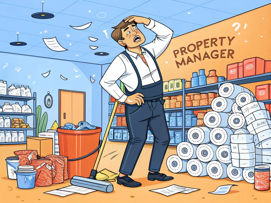 Illustration of a stressed property manager in a cluttered storeroom full of vacation rental amenities