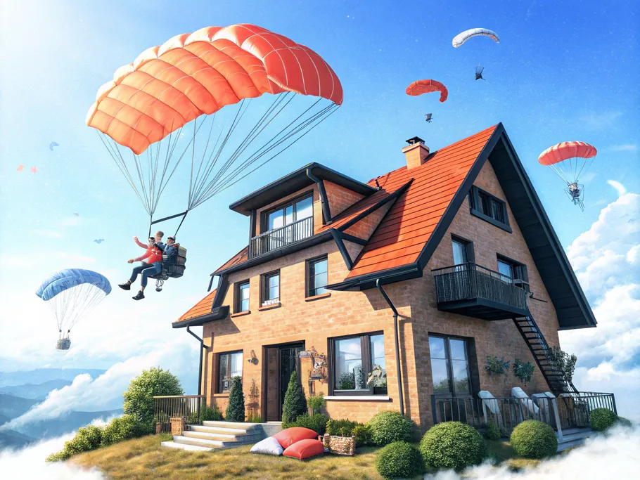 People descending into a vacation home with parachutes symbolizing the ease of amenity delivery by Sojo in the vacation rental industry