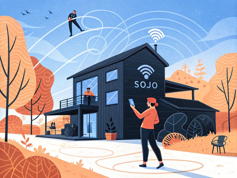 Smart home illustrated with Sojo logo, showcasing vacation rental automation in a serene, tech-enabled environment