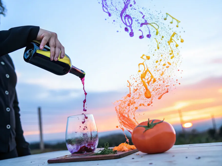 An engaging scene depicting innovation in communication technology, showcasing vivid splashes from a wine glass and lively musical notes, with a backdrop of a sunset and a tomato