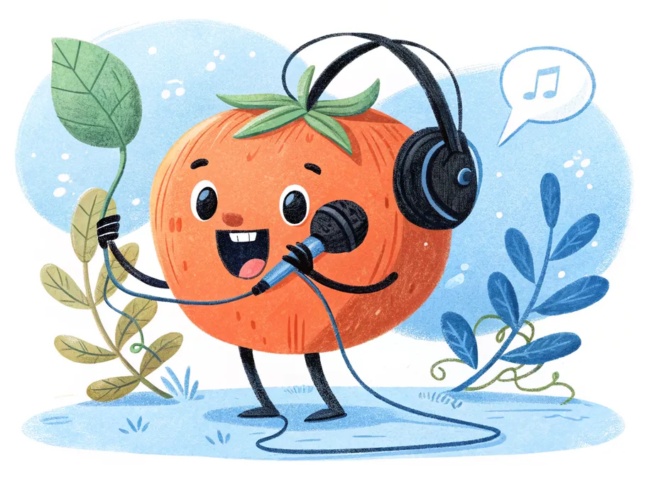 Animated tomato character wearing headphones and holding a microphone, symbolizing voice AI technology in call centers