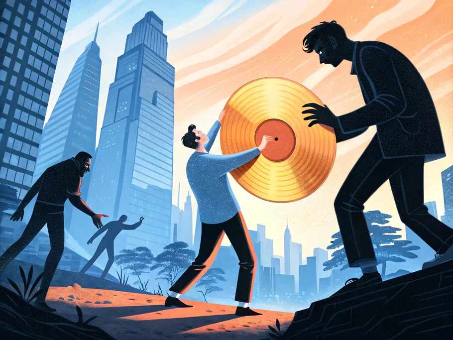 Independent artists collaborating in an urban setting with one holding a large golden record symbolizing music distribution