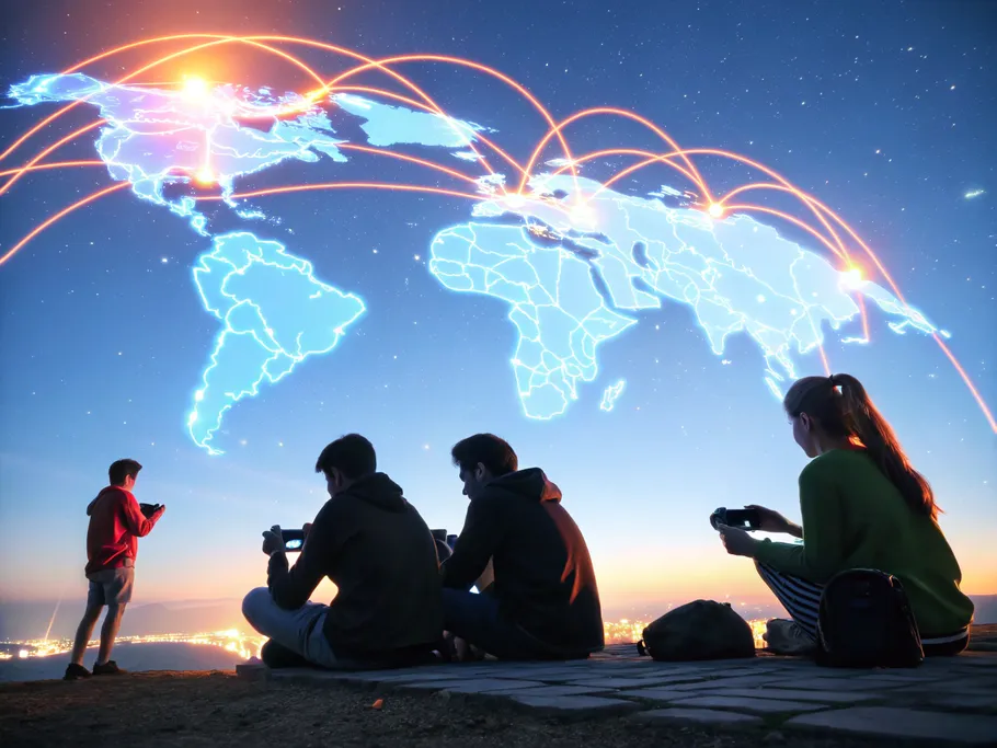 Three people sitting at night viewing a holographic projection of a world map, highlighting connections across continents.