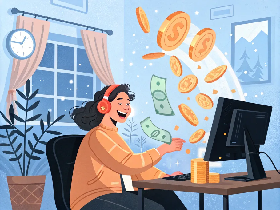 Happy woman earning money through esports on her computer with coins and bills flying around in a cozy winter setting