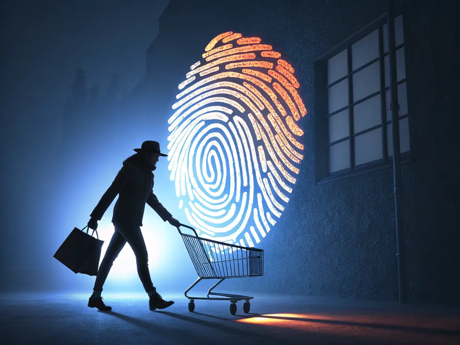 Silhouette of a person with a shopping cart facing a large, glowing fingerprint in a dark urban setting