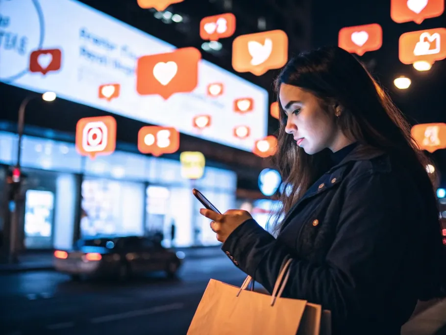 Young woman using smartphone with virtual social media and commerce icons floating above