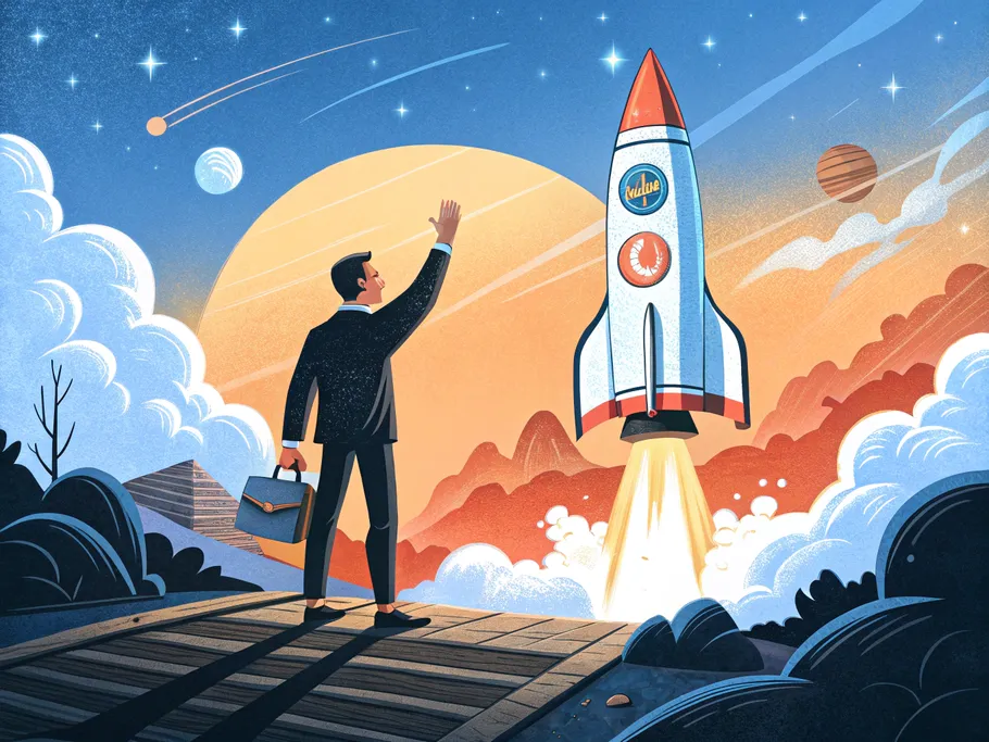 An entrepreneur standing on a launchpad waving goodbye as a rocket ship adorned with company logos blasts off into a vibrant, star-filled sky.