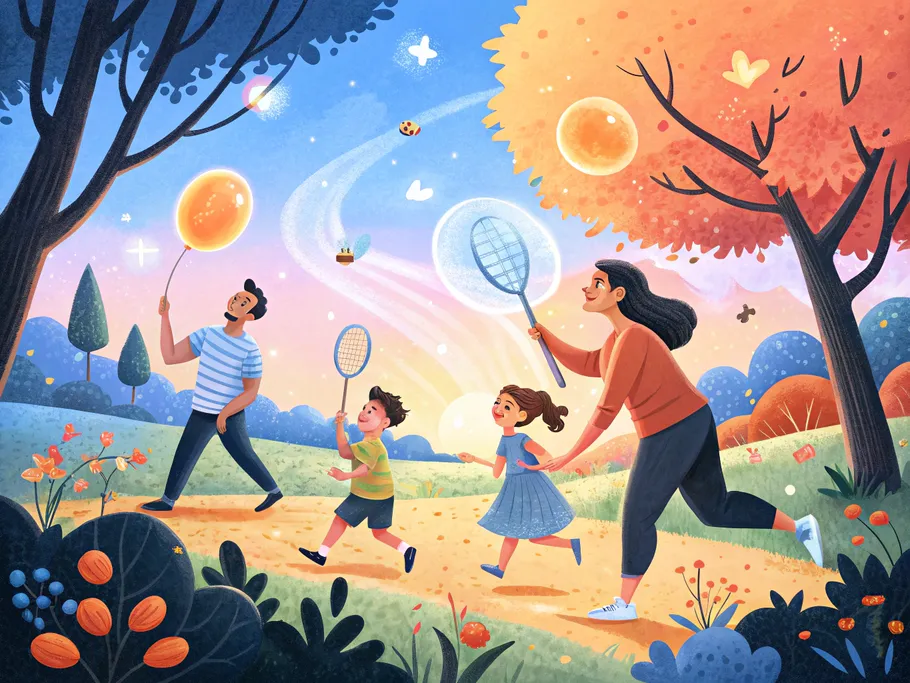 Illustration of a family enjoying outdoor activities, capturing the essence of preserving family stories through fun moments