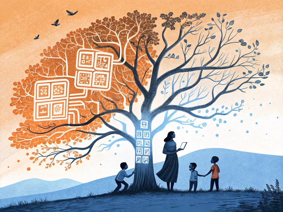 Illustration of a family under a large tree filled with story and photo memory icons, symbolizing digital legacy and collaborative storytelling