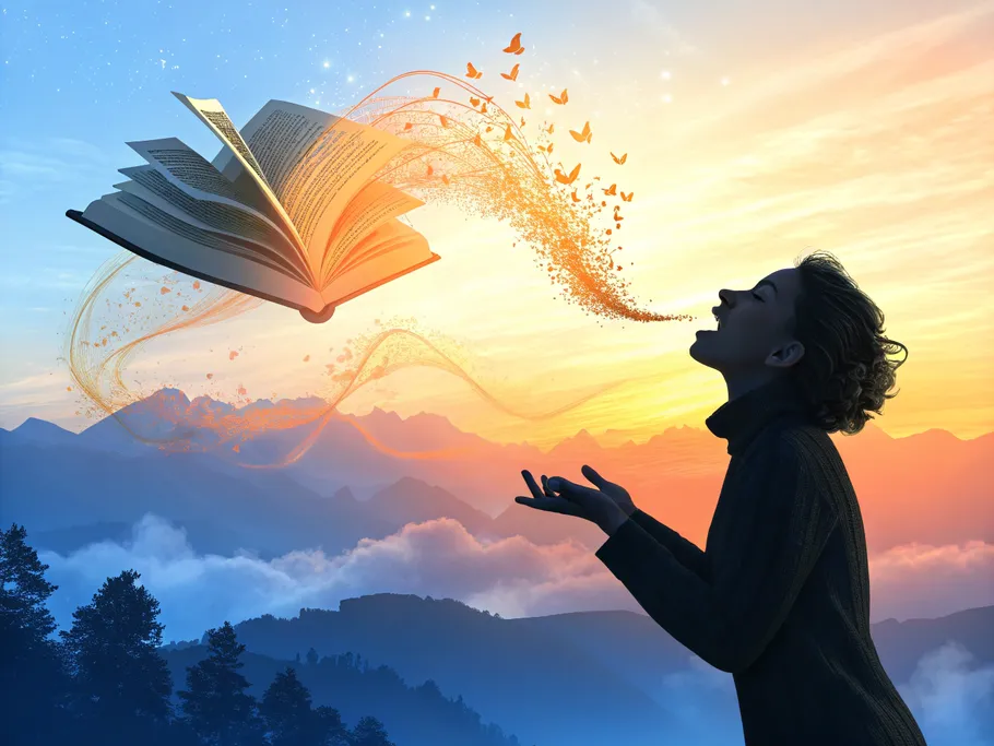 Woman experiencing the magic of storytelling with a floating book releasing words and butterflies over a mountainous landscape at sunrise