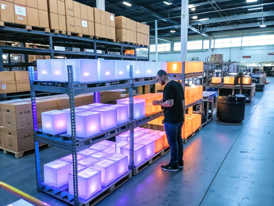 Warehouse worker managing pre-orders in a modern illuminated e-commerce inventory system