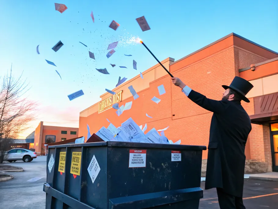 Magician waving a wand releasing papers from a dumpster, symbolizing innovative e-commerce solutions in inventory management