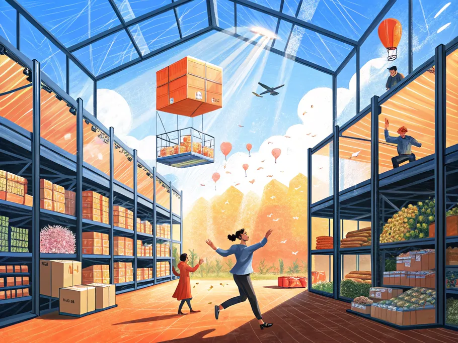 Vibrant illustration of a modern e-commerce warehouse with dynamic inventory management represented by floating orange boxes and playful elements like balloons and airplanes