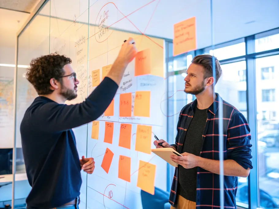 Two professionals engaged in strategic planning for a startup, analyzing data-driven insights on a whiteboard