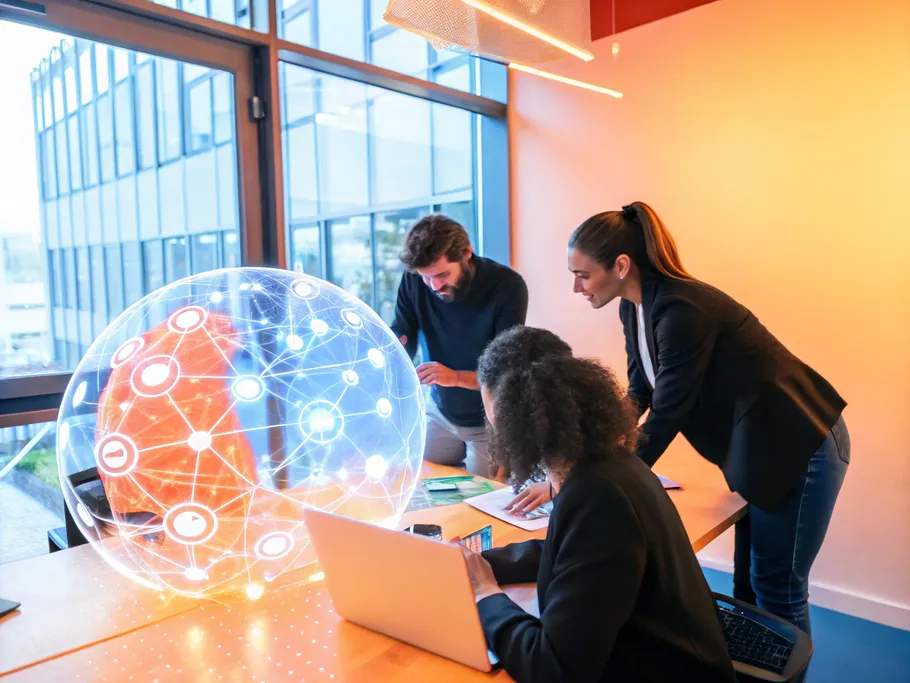Three professionals analyzing data-driven insights on a digital globe interface in a modern office setting