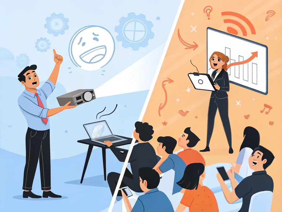 Illustration of a business presentation about product demos showcasing technology and audience engagement