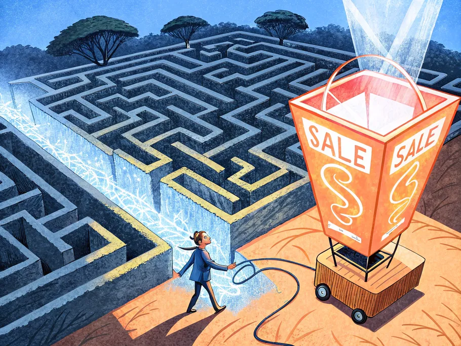 Business professional navigating a maze towards a large 'SALE' lantern, symbolizing innovative sales strategies in B2B environments