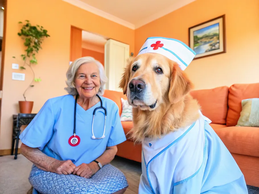 Senior woman with a caregiver dog dressed in nurse attire, symbolizing innovative elderly care solutions