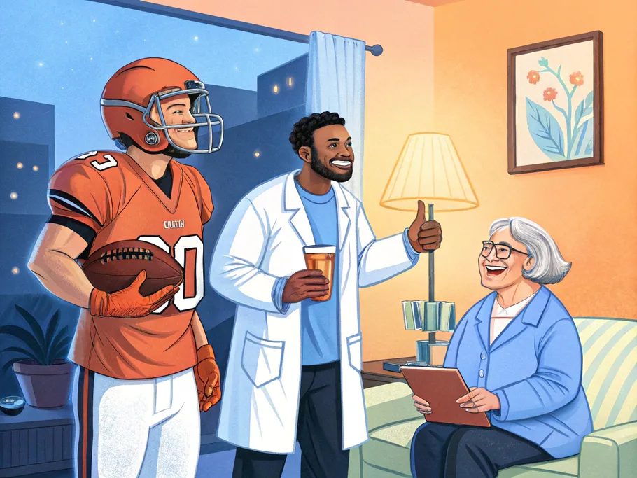 Illustration of an elderly woman smiling with a caregiver and a football player in a home setting, symbolizing diverse ways of engaging with the senior community.