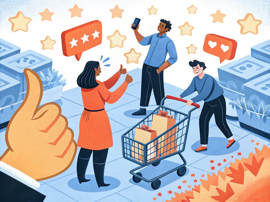 Illustration of happy consumers engaging in ecommerce video marketing with a woman giving a thumbs up to an expert review and a man filming, representing authenticity in influencer marketing