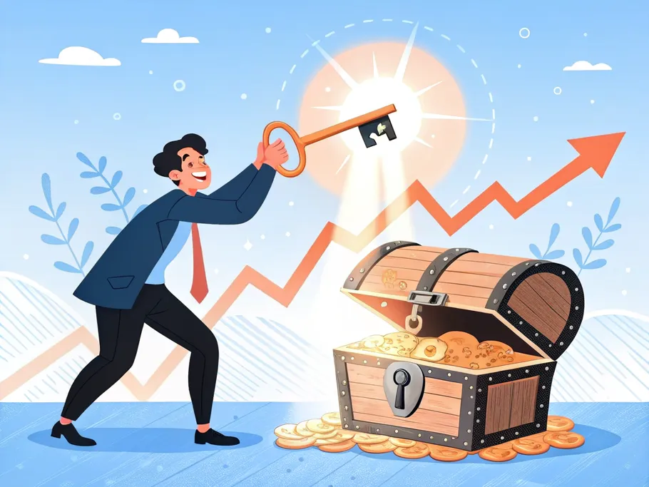Illustration of a man unlocking a treasure chest with a giant key, symbolizing business opportunities and unlocking potential in ecommerce video marketing