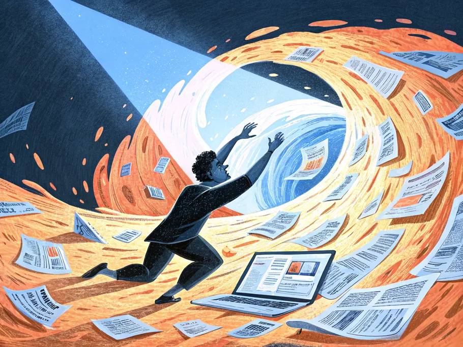 Illustration of a person managing a whirlwind of digital news articles, symbolizing media startup challenges and digital content marketing strategies.