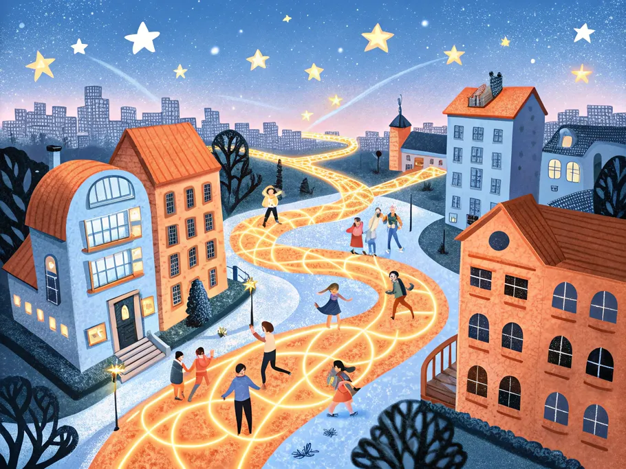 Illustration of a vibrant community engaged in various outdoor activities with glowing paths connecting them, set against a backdrop of city skyline and stars.
