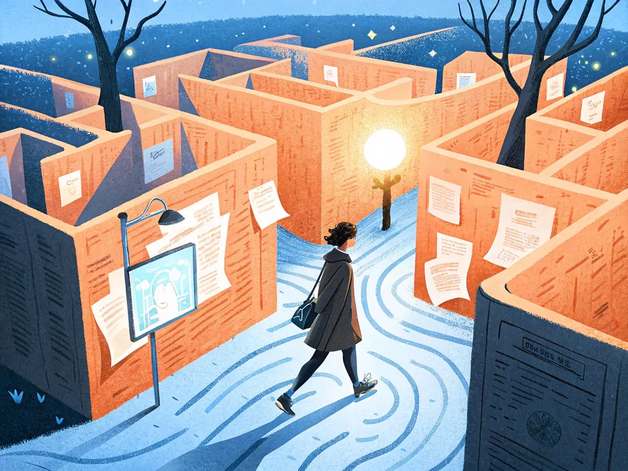 Illustration of a person navigating a maze constructed of giant books under a dusky sky, symbolizing the journey of grieving with scattered papers symbolizing memories and challenges