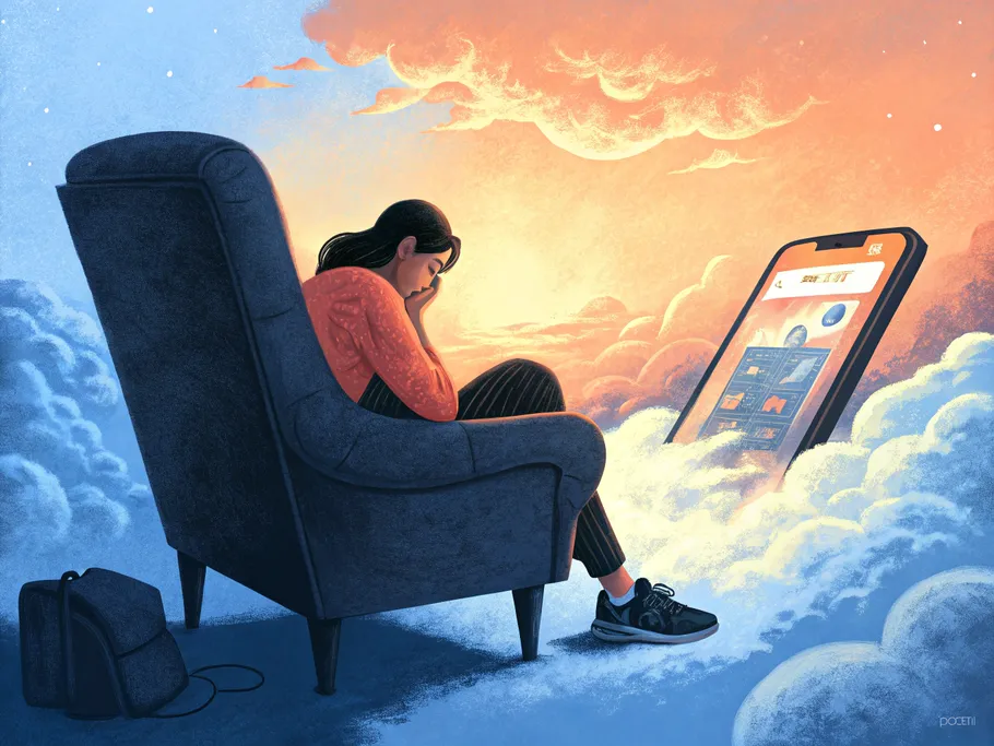 Woman using a smartphone to access grieving support services, surrounded by clouds symbolizing transformation and comfort