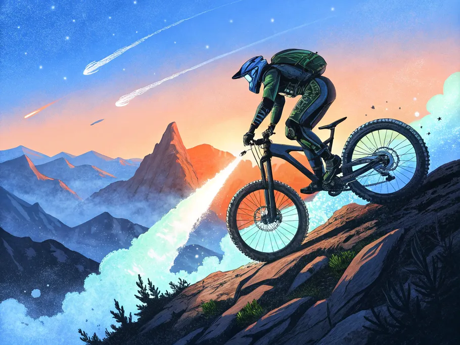 Illustration of a mountain biker using advanced multi-link suspension technology to navigate a rocky mountain terrain at dusk