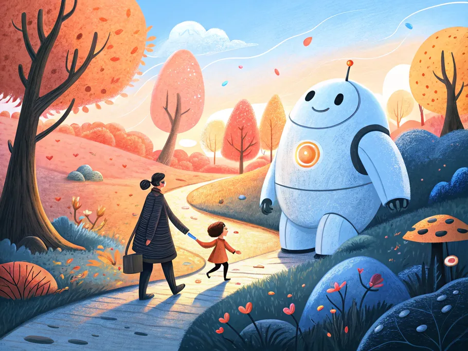 Illustration of a robot engaging with a child and adult in an autumnal landscape, symbolizing innovative AI-powered onboarding in B2B SaaS