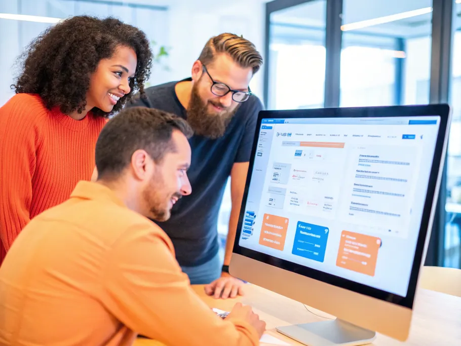 Three professionals discussing an interactive onboarding platform on a computer screen