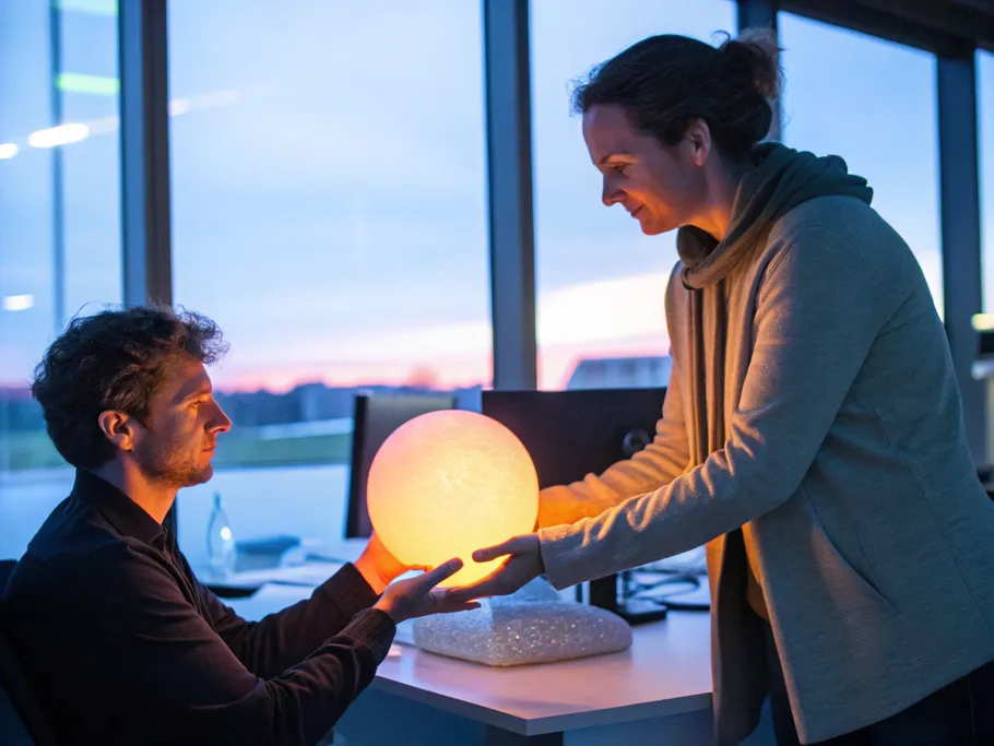 A business owner hands over a glowing orb to another person in a softly lit office, symbolizing effective delegation.