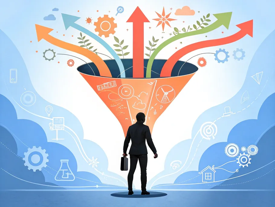 Abstract image of a human silhouette standing in a funnel, symbolizing the bottleneck to personal growth.