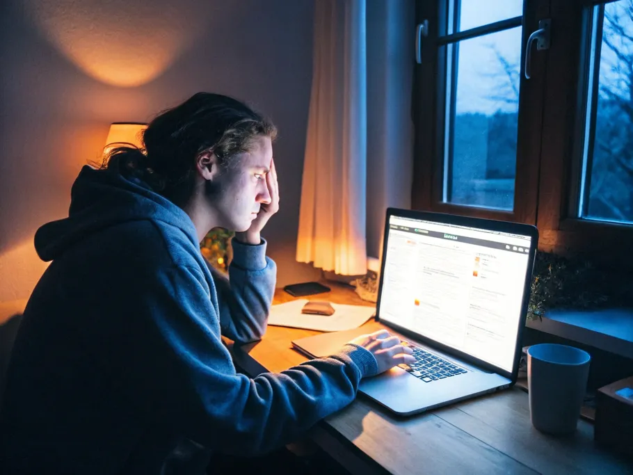 A person concentrating on laptop research late at night, symbolizing the evolution of digital content strategy.