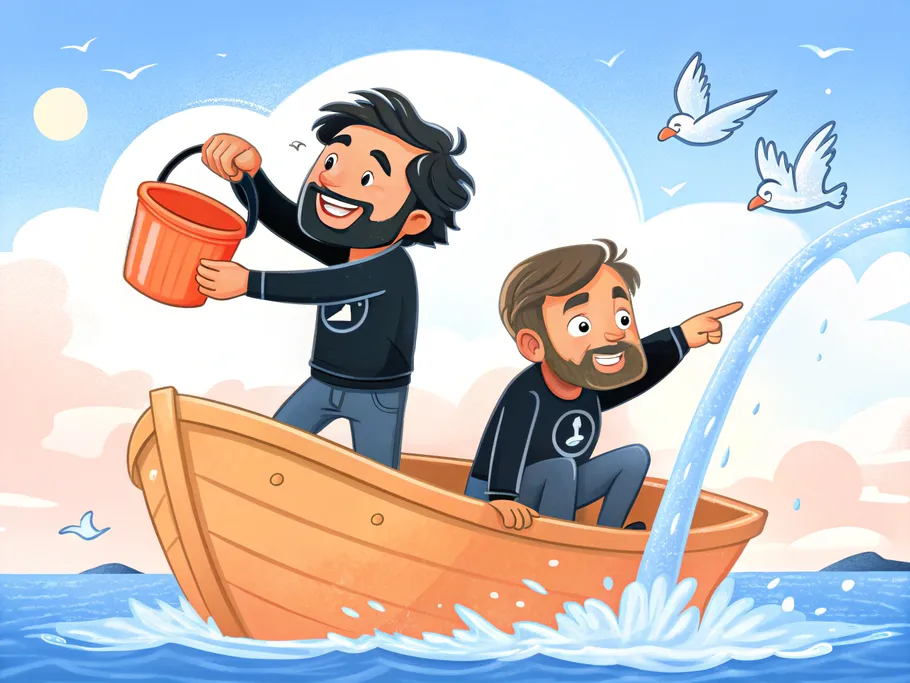 Two startup founders in a comically leaky boat, humorously illustrating the challenges of team building.