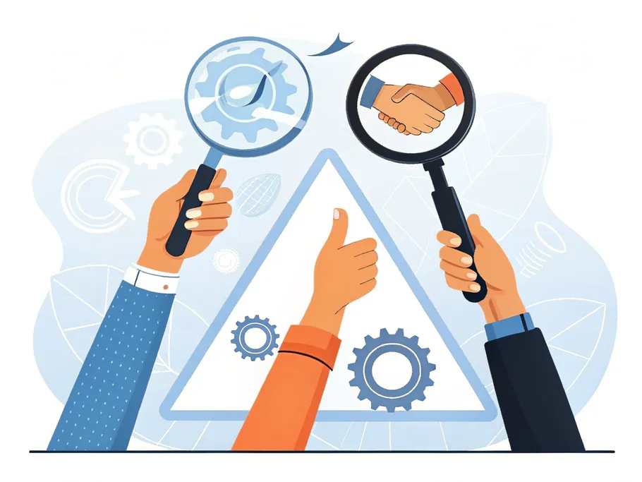 Three hands reaching in with a magnifying glass, a handshake symbol, and a gear, symbolizing collaboration and strategic planning.