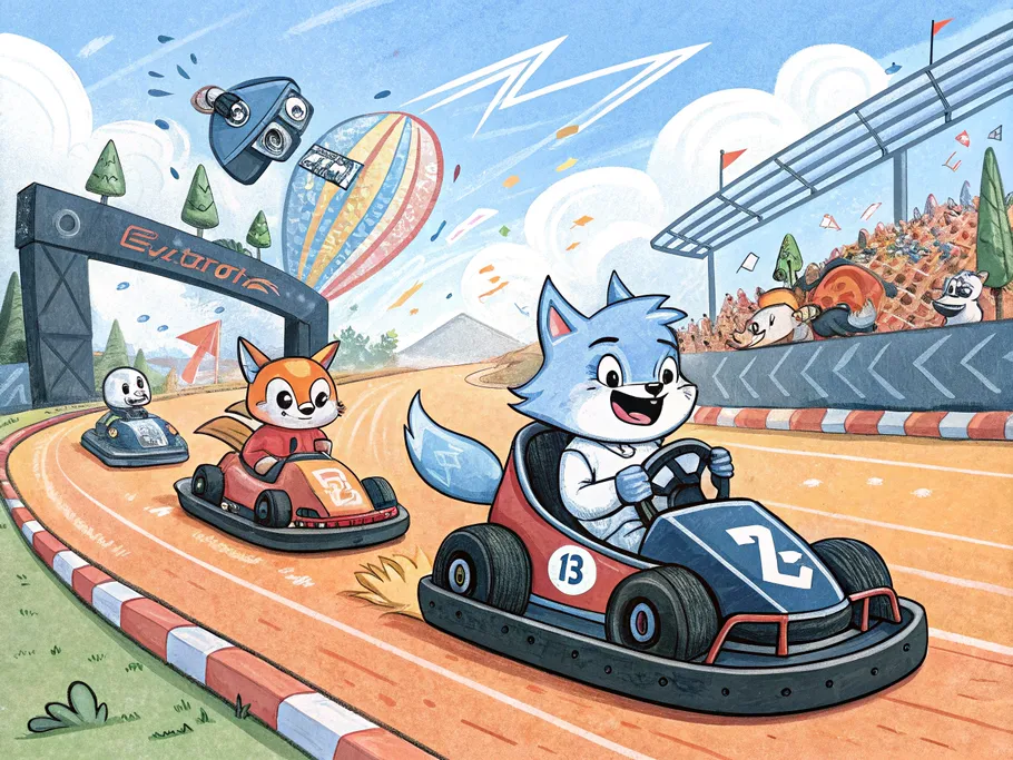 Cartoon race track featuring mascots of fintech startups racing in go-karts.